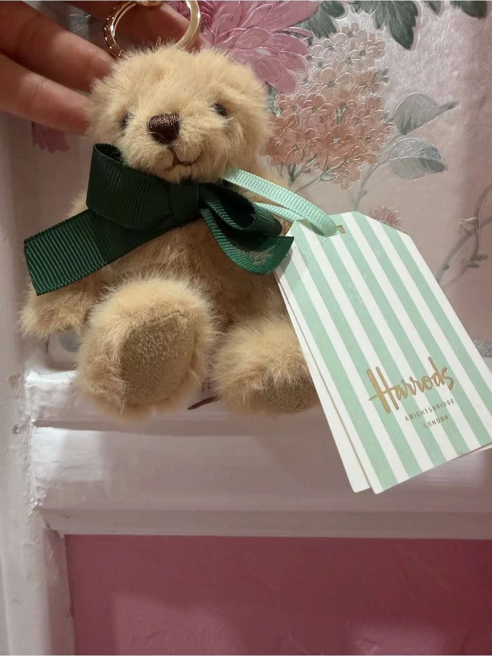 Harrods Cream Bear Keychain with Dark Green Bow